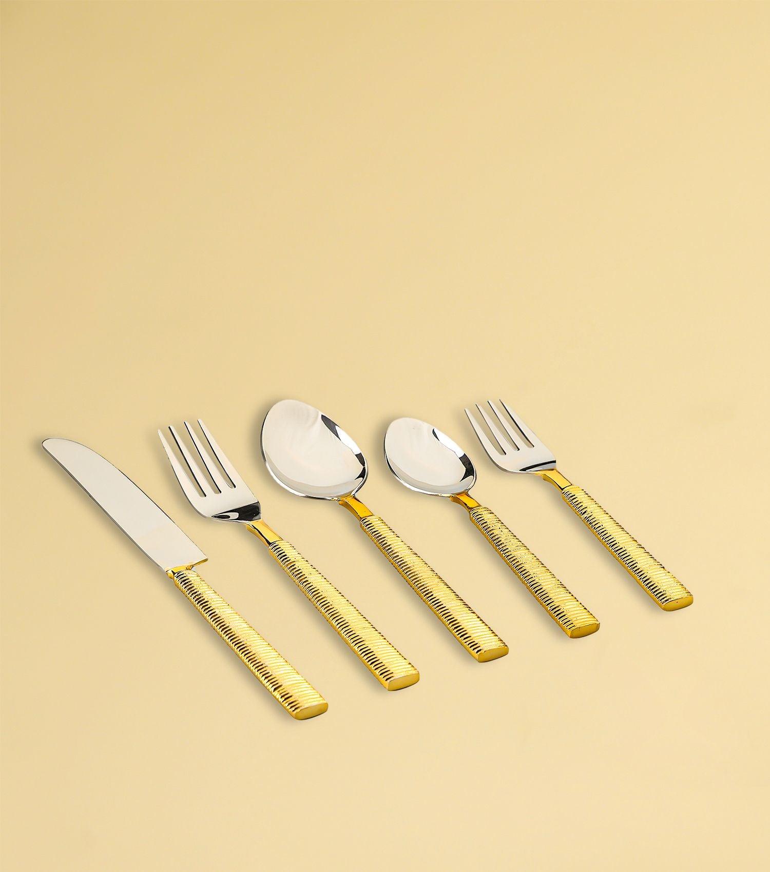 Gold Ribbed Cutlery Set of 5 - Elvy Lifestyle