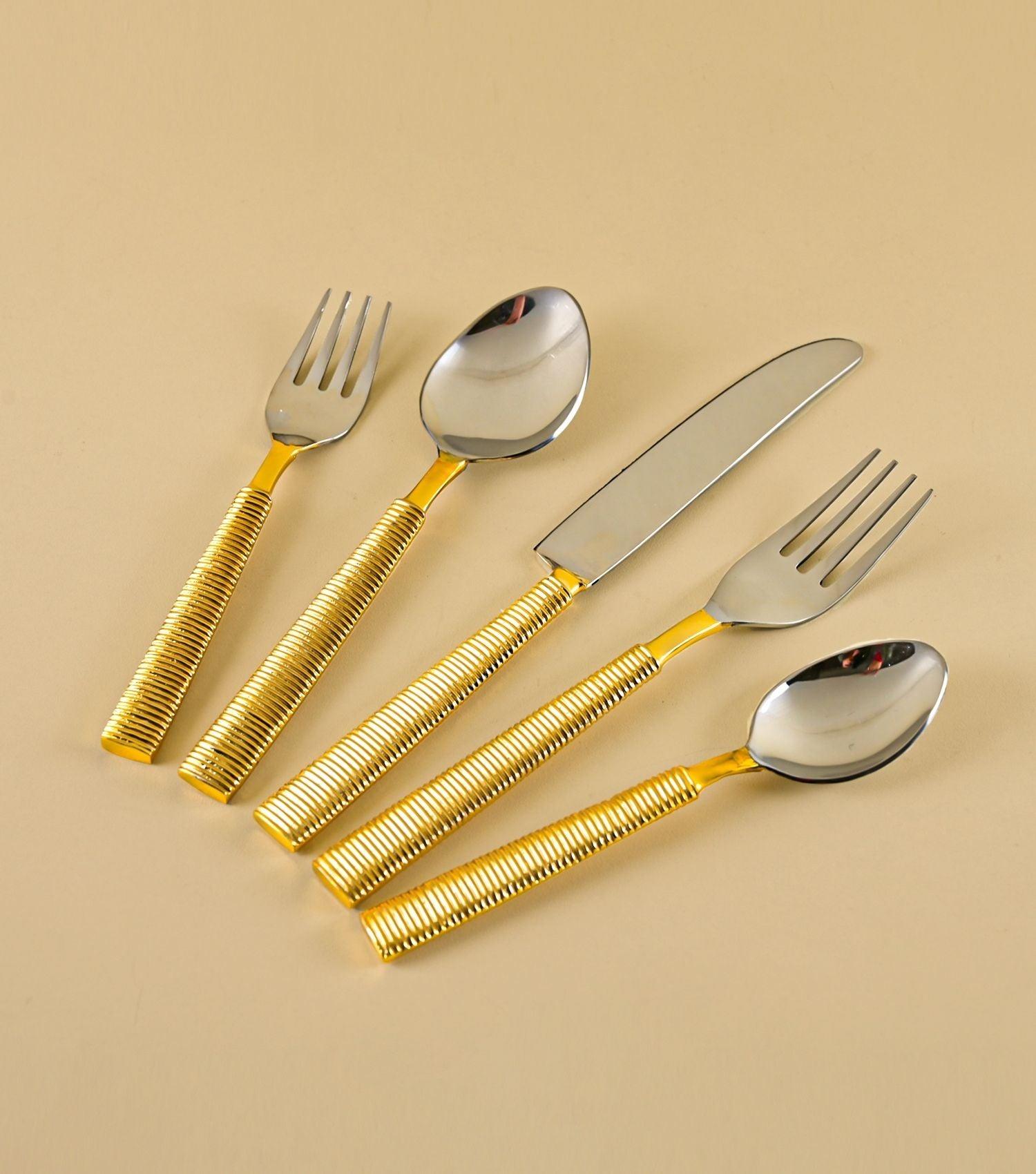 Gold Ribbed Cutlery Set of 5 - Elvy Lifestyle