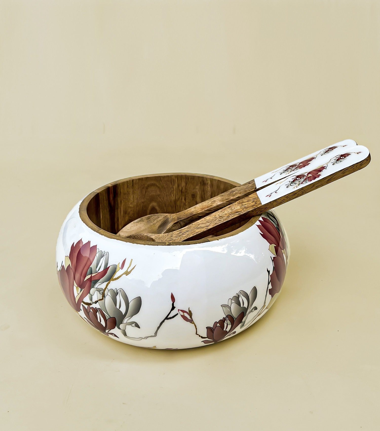 Magnolia Salad bowl with 2 servers - Elvy Lifestyle